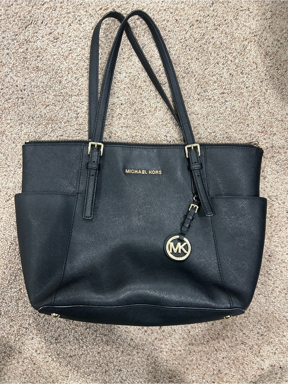 Michael Kors Black Leather Tote with Gold Hardware